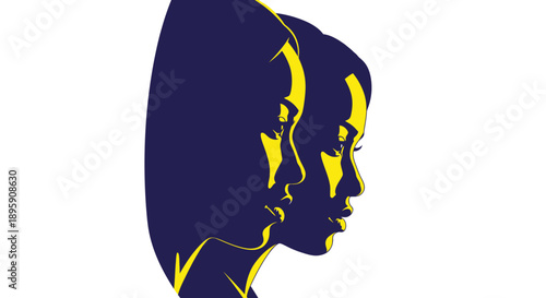 Abstract Pop Art Vector Illustration of Dual Female Profiles in High-Contrast Indigo and Neon Yellow