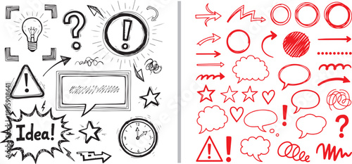 Hand-drawn vector set featuring black ink icons like a lightbulb, clock, and "Idea!" bubble, alongside red sketchy arrows, speech bubbles, hearts, and stars for creative brainstorming.