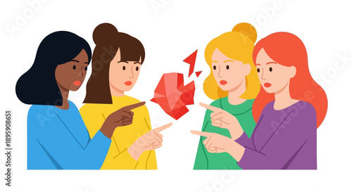 Conflict and Blame: Diverse women pointing fingers over a broken heart illustration, symbolizing argument, relationship trouble, and division.