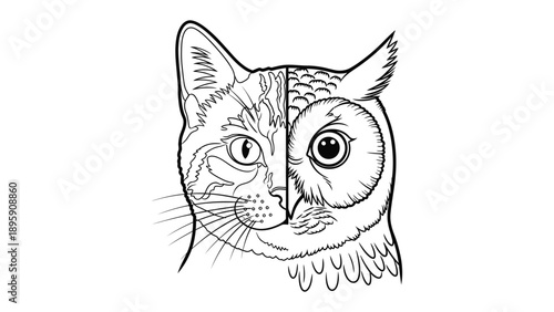 Cat and Owl Hybrid: A unique illustration showcasing a fusion of a cat and an owl, artistically merged to create a fascinating hybrid. 