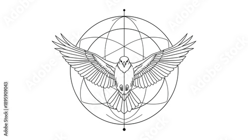 Geometric Bird Emblem: A symmetrical representation of a bird with outstretched wings, intricately combined with geometric patterns, forming an emblem of freedom and harmony.