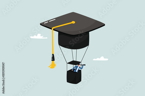 Education or knowledge to develop a career path, study or learn new courses for business success concepts, entrepreneurs fly graduation caps, balloons, and see the vision of the future.