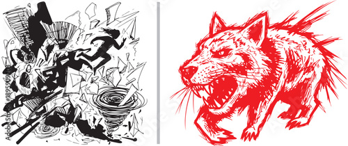 A high-energy vector illustration featuring a black ink sketch of a person running through a chaotic explosion and a fierce, red-ink snarling beast with sharp quills and bared teeth.