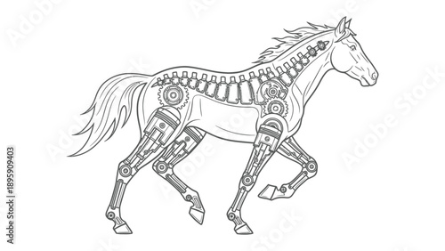 Mechanical Horse: A detailed illustration showcases a mechanical horse, with gears and internal structures visible, symbolizing the fusion of technology and the grace of nature.