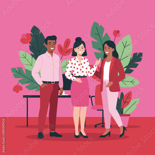 Diverse professionals collaborate happily in a colorful plantfilled modern office environment