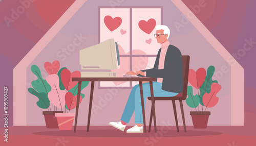 Elderly man happily using a retro computer for online dating or communication in a cozy heartthemed room