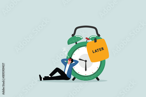 Procrastination, do it later, put it off until tomorrow, unproductive concept, lazy people go to bed without knowing when to wake up with a big sticky note saying "later" on the alarm clock.
