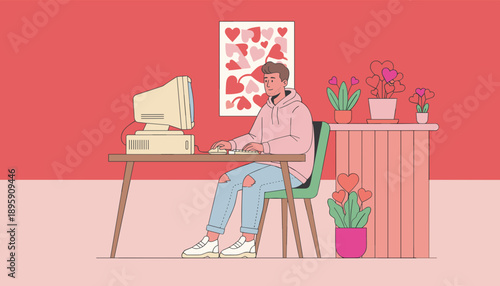 Young man works on a retro PC in a pink heartdecorated room representing digital love or dating
