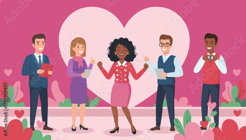 Diverse business team showing love and positive teamwork against a Valentines Day heart background