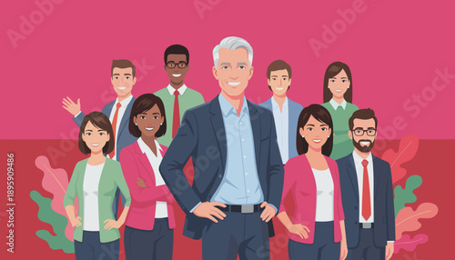 Diverse smiling professional team portrait with a confident senior male leader