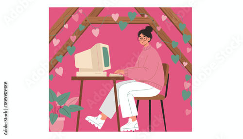 Happy woman using a vintage computer for remote work in a cozy decorated attic office