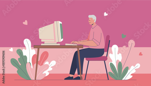 Smiling senior man using retro PC in a cheerful stylized home environment