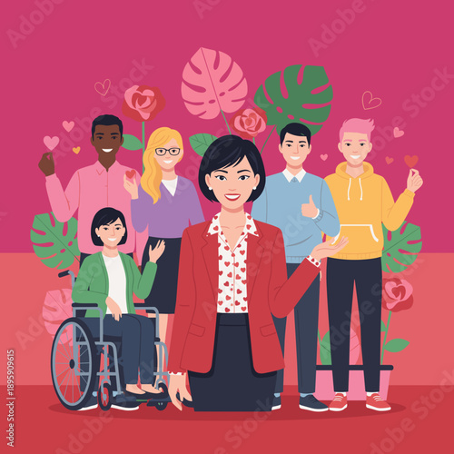 Happy diverse group promoting inclusion equality and love with flowers and hearts