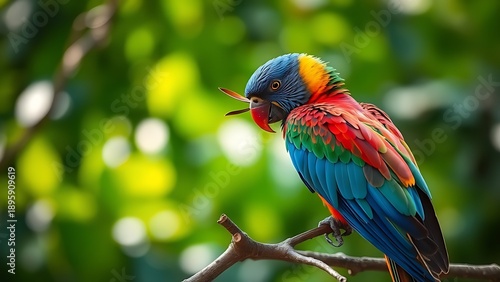 disarranged. A colorful parrot preening a feather on a branch, soft morning light. wildlife magazines, conservation campaigns, designed for eco-tourism storytelling.
