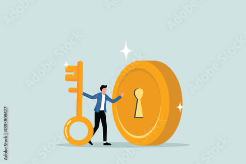 The key to financial success, unlocking the secret of gifts for investment opportunities, wealth solutions to make money, smart business investors hold the big golden key to open the coin lock.