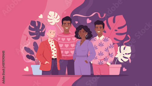 Diverse group smiling together in a pink and purple tropical setting symbolizing friendship and love
