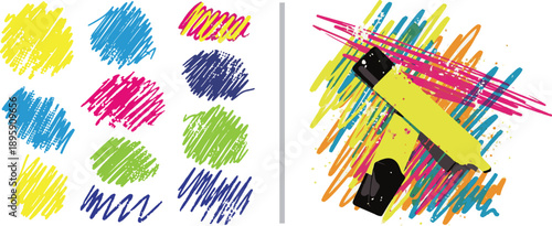 Vibrant vector set featuring colorful marker scribbles in neon yellow, blue, pink, and green. Includes a pair of yellow highlighters surrounded by energetic, hand-drawn ink strokes and textures.