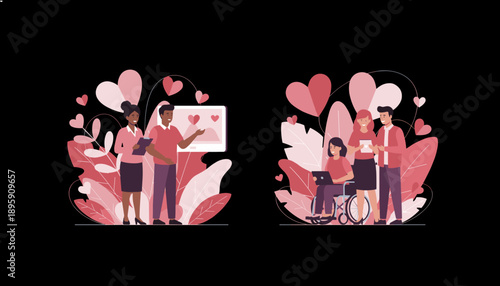 Inclusive teams collaborating on love relationship metrics and social marketing