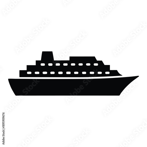 Detailed Black and White Silhouette of a Cruise Ship on White Background