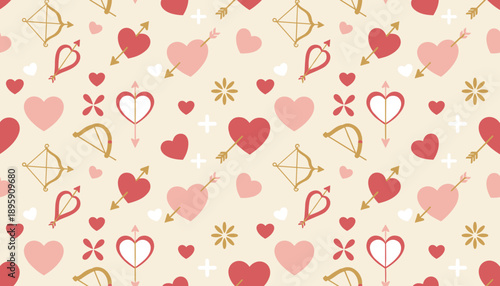 Romantic seamless pattern featuring hearts and Cupids arrows on a light background Love and affection concept