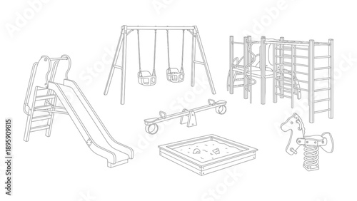 Playground Elements in Line Art: Capturing a range of playground equipment, this line art piece evokes the simple joy of play and outdoor activity. The piece highlights a slide, swings.