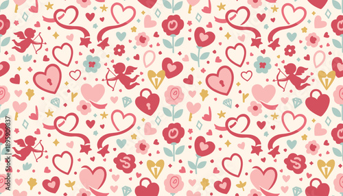 Cute seamless vector pattern hearts Cupid roses and keys for Valentines Day design and background
