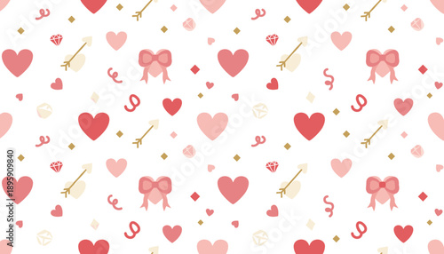 Seamless Valentines pattern with pink hearts arrows bows and gems Love and romance background