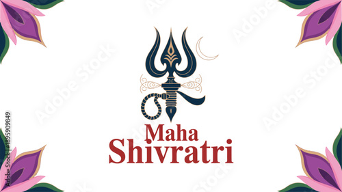  maha shivratri greeting design with trishul symbol floral border hindu religious festival celebration vector illustration