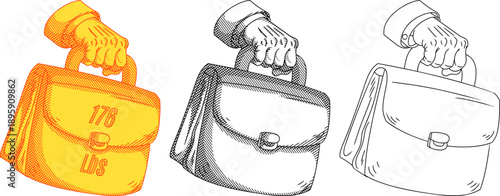 A conceptual etching-style vector set depicting a hand lifting a briefcase like a heavy kettlebell. Symbolizes professional burnout, extreme workload pressure, and corporate stress.