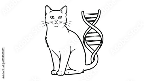 Genetic Feline Portrait: An artistic illustration of a graceful cat alongside a DNA helix, representing the essence of feline genetics. 