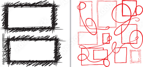 Hand-drawn vector set featuring textured black scribble frames and a collection of red geometric rectangles and looping swirls. Ideal for sketchy borders and creative layouts.