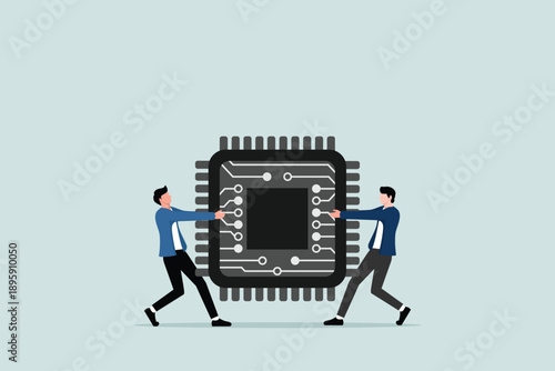 Computer chip supply chain shortage due to the virus pandemic, the concept of electronic manufacturing problems, the power struggle between entrepreneurs to obtain computer chips.