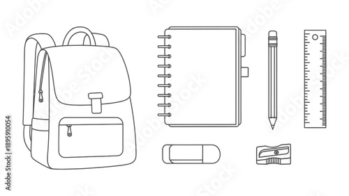 School Essentials: An array of school supplies including a backpack, notebook, pencil, eraser, sharpener, and ruler sit in perfect order, ready for learning.