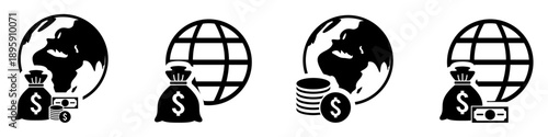 Set of global economy icon vector for international finance. Symbolizes world trade and money markets. Ideal for banking apps and business news.