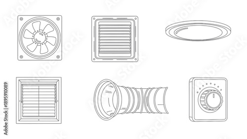 Ventilation Elements in Monochrome: An assortment of architectural ventilation elements, drawn in monochrome, showcase the design and functionality of crucial building systems. 