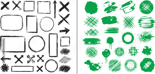 Hand-drawn vector set featuring sketchy black frames, arrows, and Xs alongside various green marker scribbles, crosshatched circles, and ink blotches for emphasis and design.