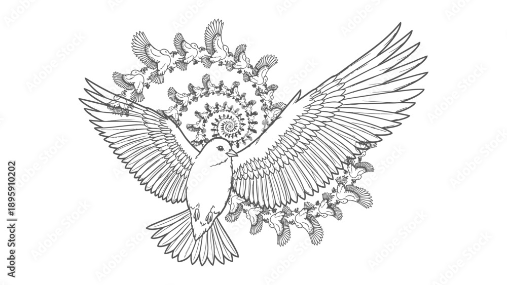 Obraz premium Soaring Illustration: A majestic bird takes flight, its wings gracefully spread against a backdrop of swirling floral patterns, a symphony of line and form.