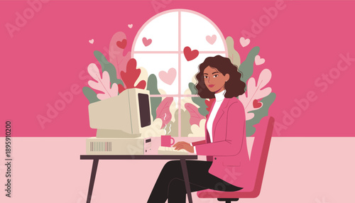 Young woman working on vintage computer in a colorful romantic flat design workspace