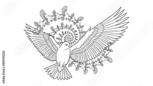 Soaring Illustration: A majestic bird takes flight, its wings gracefully spread against a backdrop of swirling floral patterns, a symphony of line and form. 