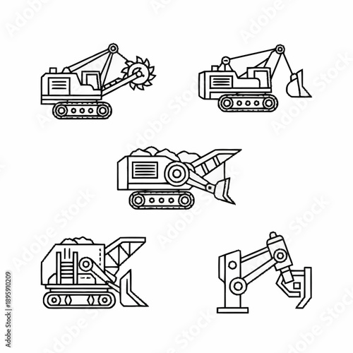 Excavator Heavy Machinery Equipment Icons Set.