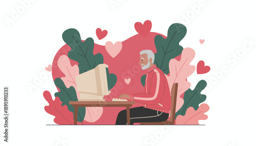Senior man typing on a retro computer for online dating surrounded by hearts and lush foliage