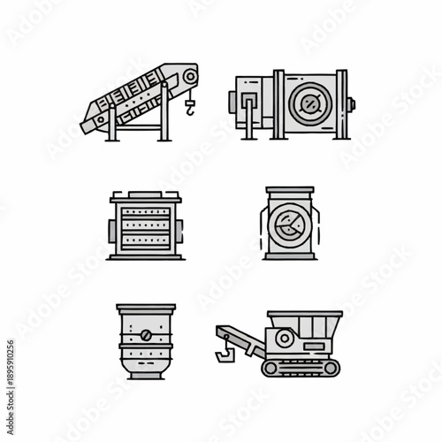 Industrial Machines and Equipment Icons Set.