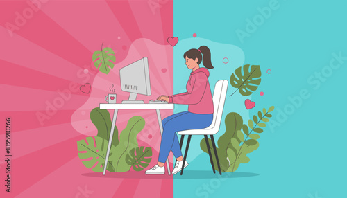Young woman working from home comfortably on her computer surrounded by vibrant plants