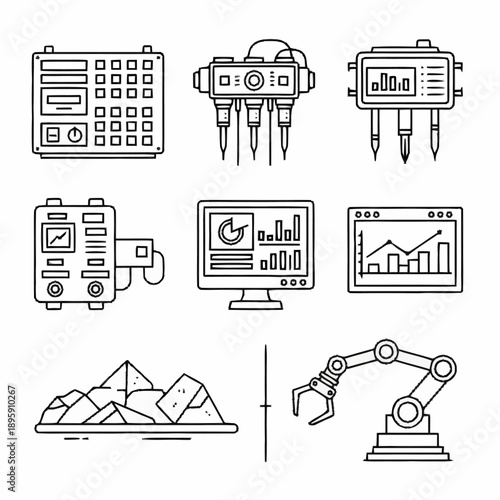 Industrial Robots and Machinery Icons Set.