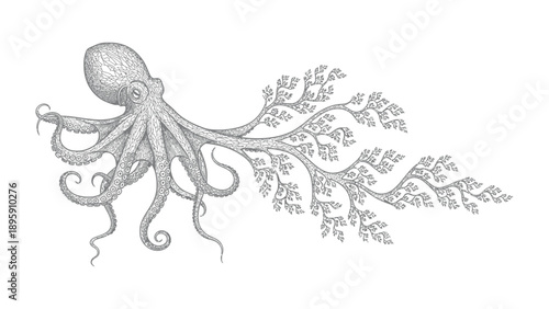 Abstract Octopus Illustration: A meticulously crafted illustration of an octopus with tentacle morphing into a complex fractal tree, it is a creative interpretation of the marine life.