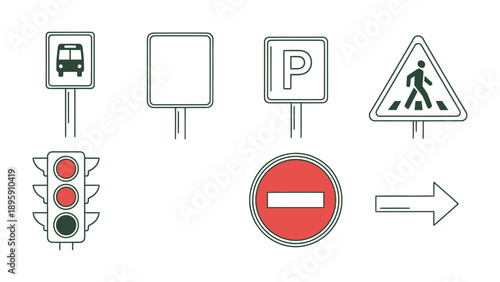 Road Signs and Signals: A set of essential road signs and traffic signals, each communicating vital information for safe navigation and traffic management. 