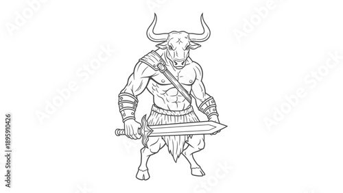 Minotaur Warrior Illustration: A fierce illustration of a minotaur warrior, a mythological creature, gripping a sword with determination, ready for battle. 