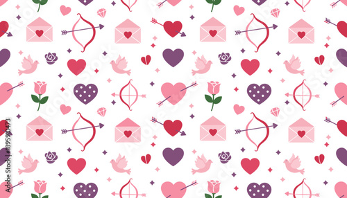 Seamless vector pattern of hearts Cupids bows roses and doves for romantic celebration background