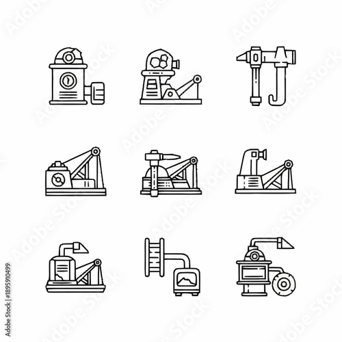 Various Oil Pump Jack Icons Illustration.