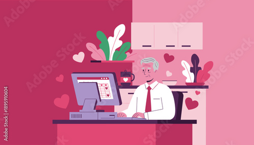 Smiling senior man working on a desktop computer using a love calendar app in a flat design home environment